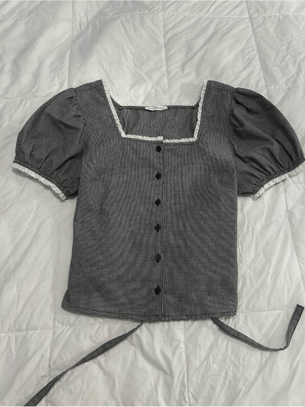 Square Neck Puff Sleeve Top with Lace Trim - Black